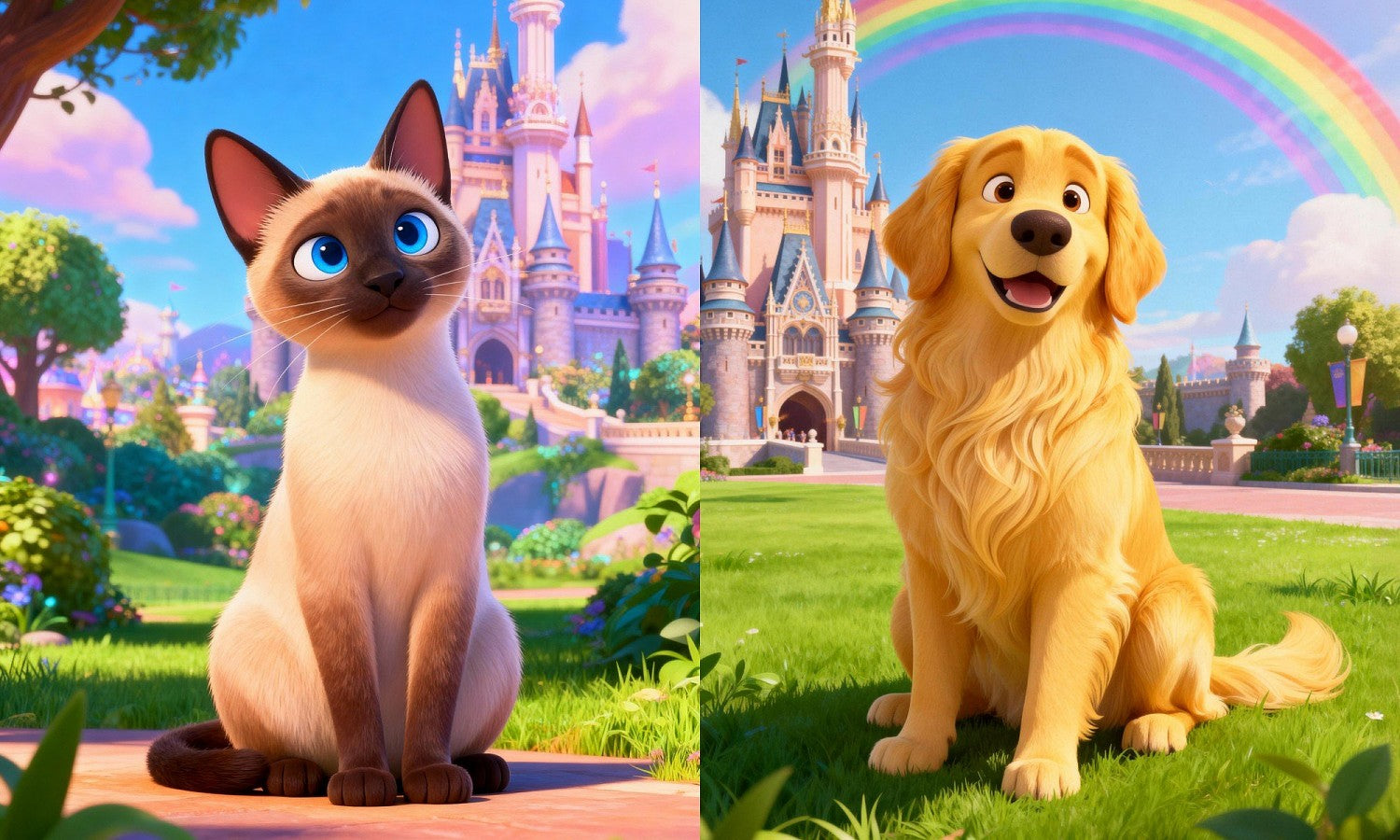 Animated cat and dog in front of a castle with a rainbow.