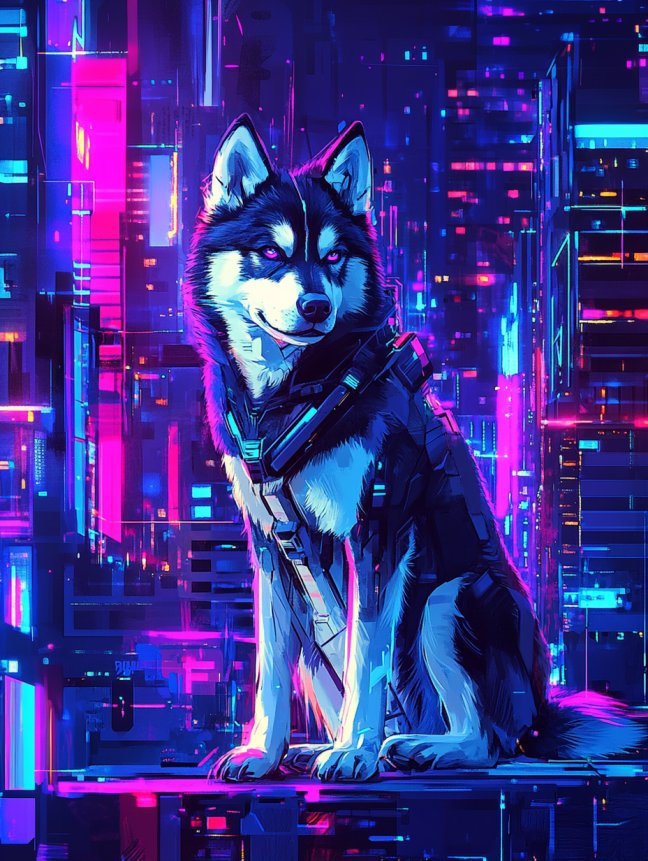 Wolf-like creature in futuristic armor with a neon cityscape background