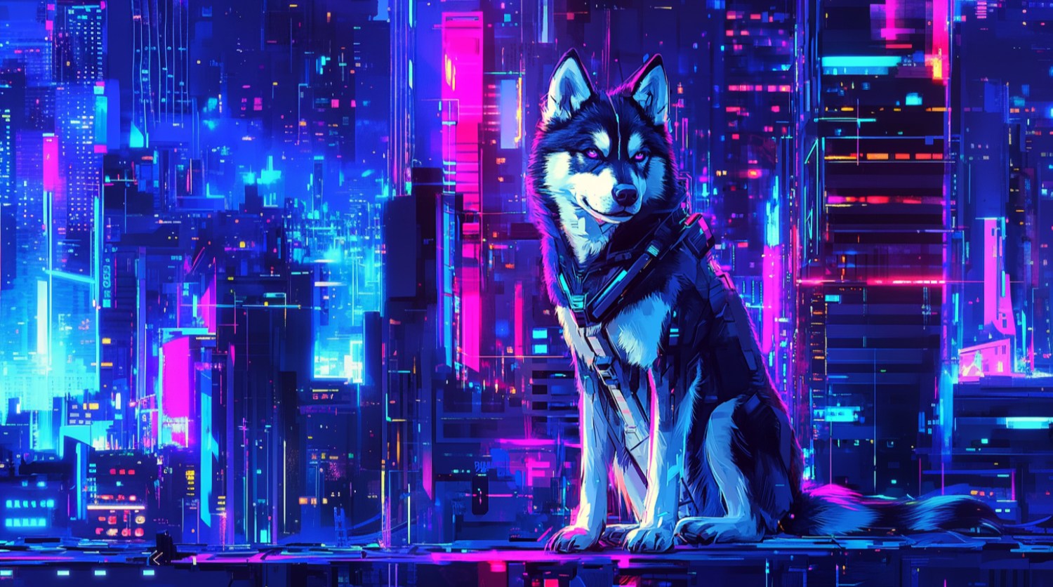 Dog in a futuristic cityscape with neon lights