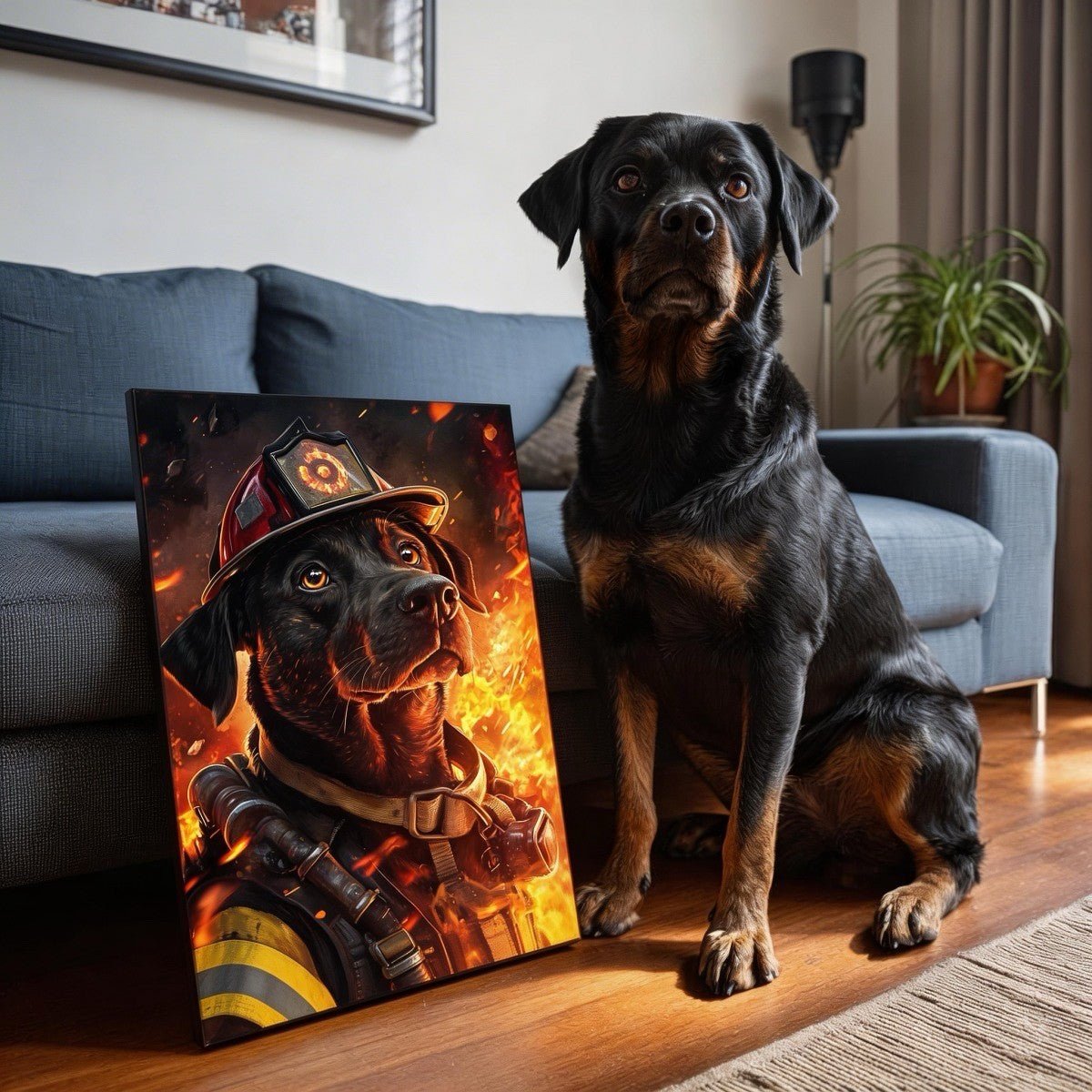 custom firefighter pet portrait hero style