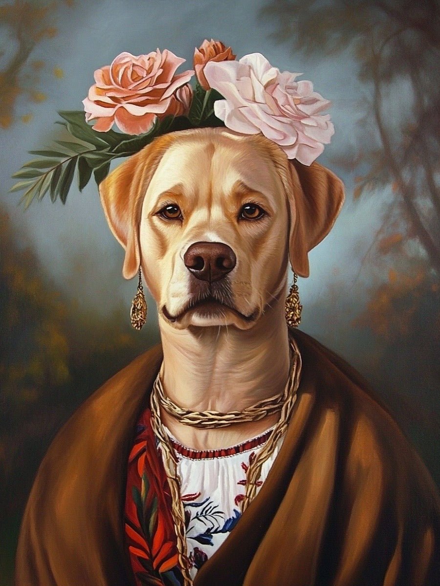 colorful frida kahlo style dog portrait custom art