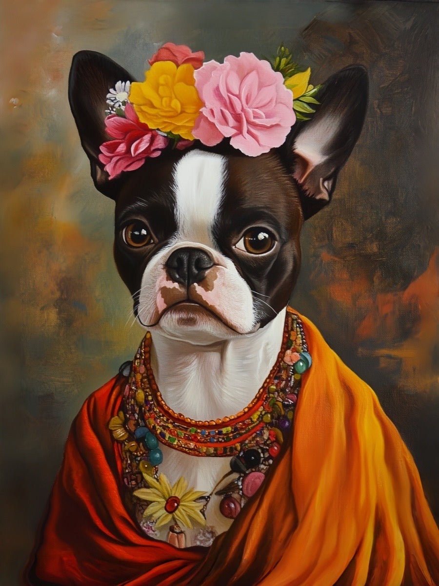custom artistic pet portrait with floral frida style