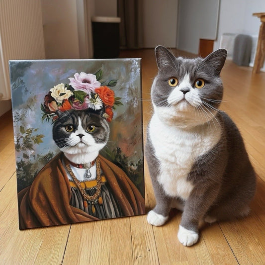 custom frida kahlo style pet portrait colorful background