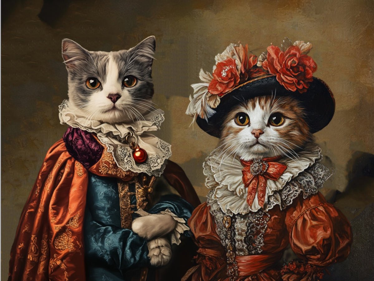 custom renaissance pet portrait of two cats